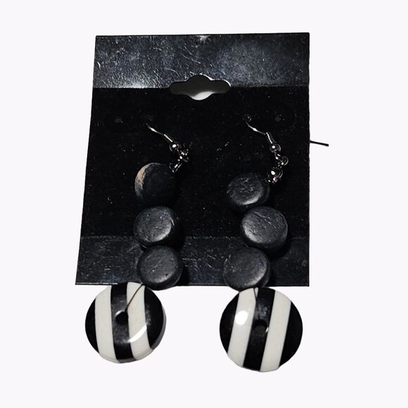 Retro Black White Striped Disc Drop Earrings Statement Evening Fashion Jewelry - Picture 1 of 5